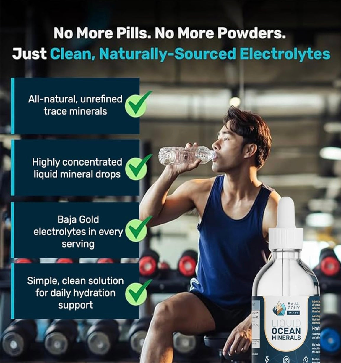 Person drinking from a bottle with text about clean, naturally-sourced electrolytes in a gym setting.