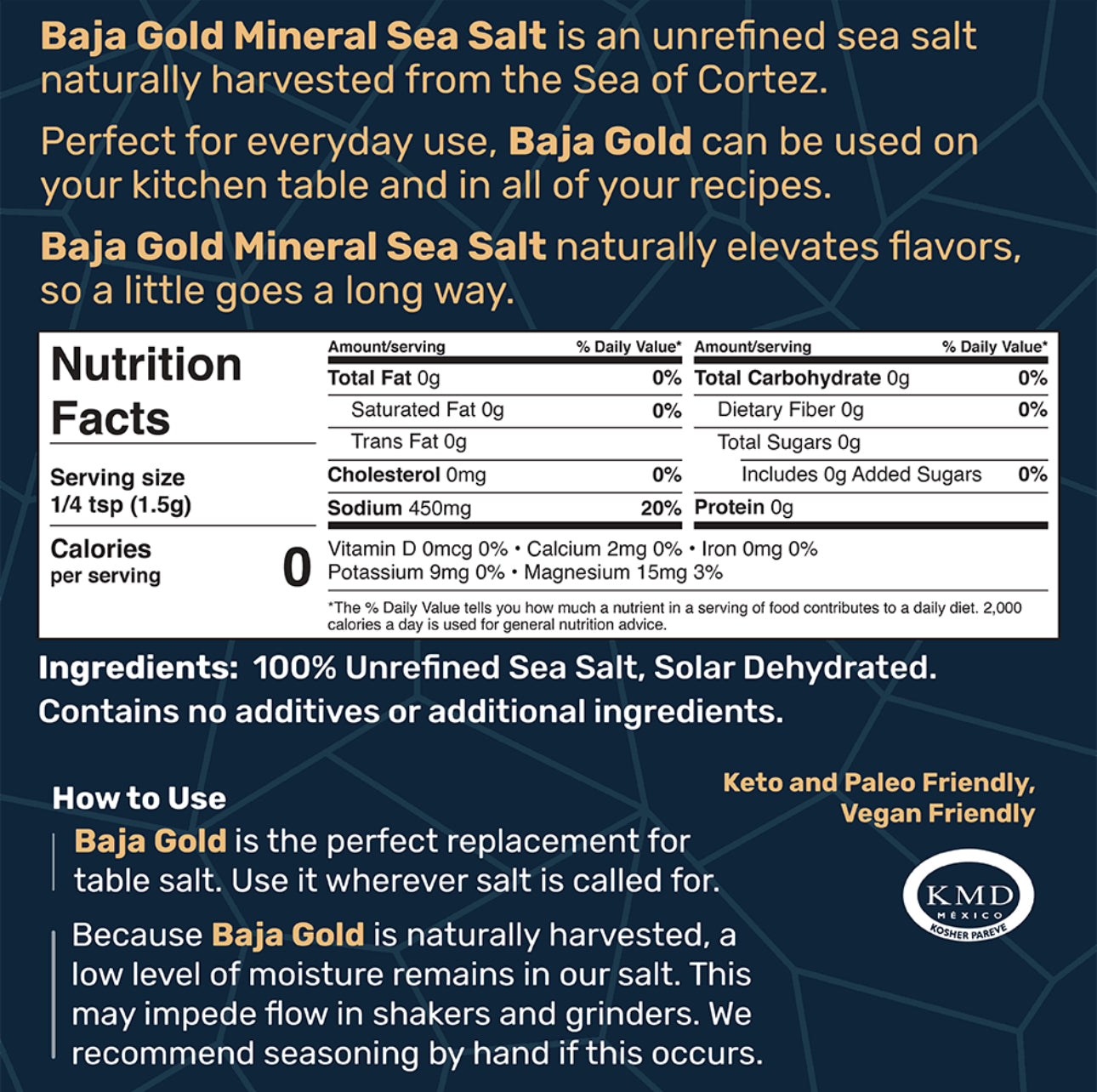 Baja Gold Mineral Sea Salt packaging with nutritional information and product details on a blue background.
