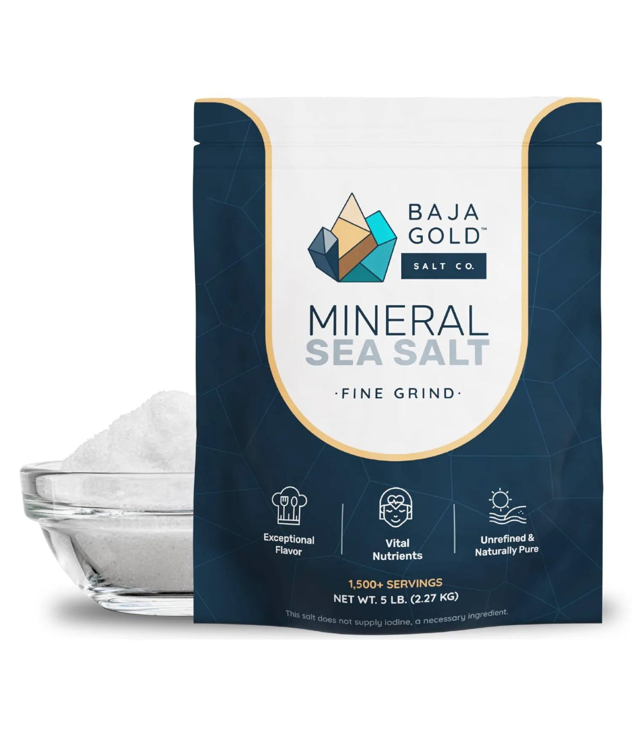 Baja Gold Mineral Sea Salt packaging with a glass bowl of salt on a white background