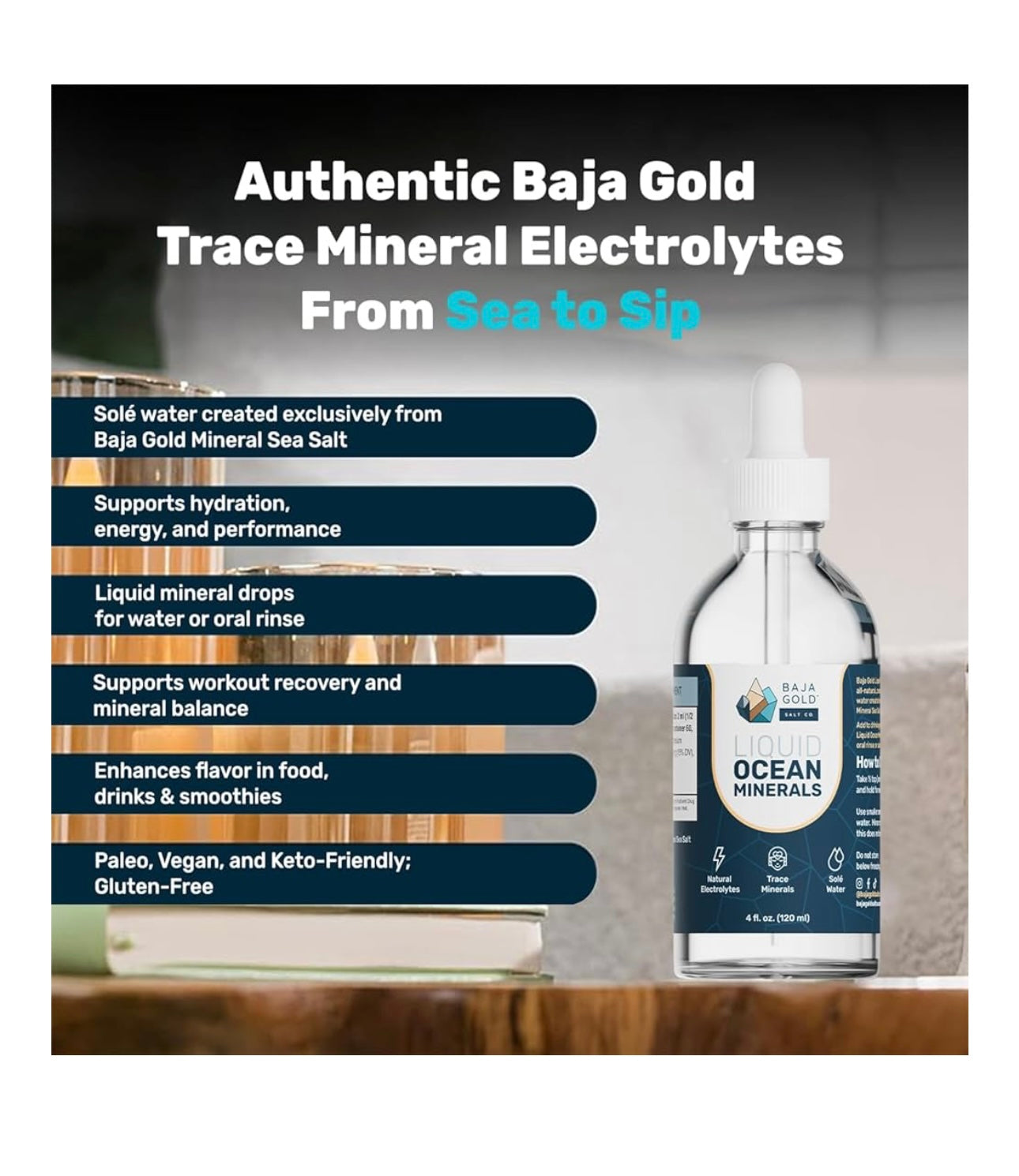 Baja Gold trace mineral electrolytes bottle with product features listed on a wooden surface.