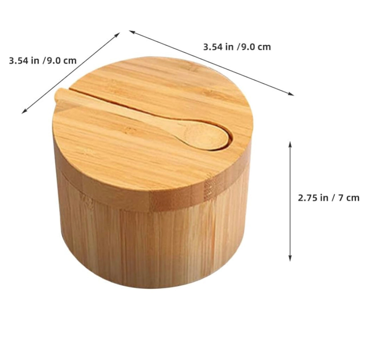 Wooden container with a spoon inside, showing dimensions on a white background