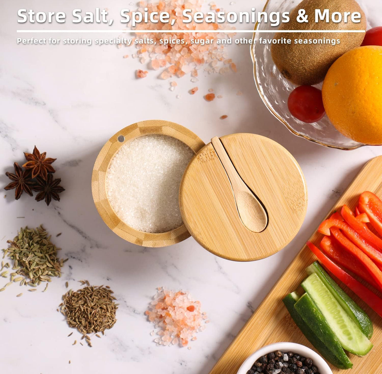 Bamboo container with a wooden spoon on a marble surface with various spices and vegetables.