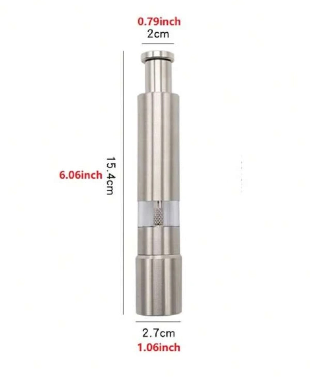 Stainless steel pepper grinder with dimensions labeled on a white background