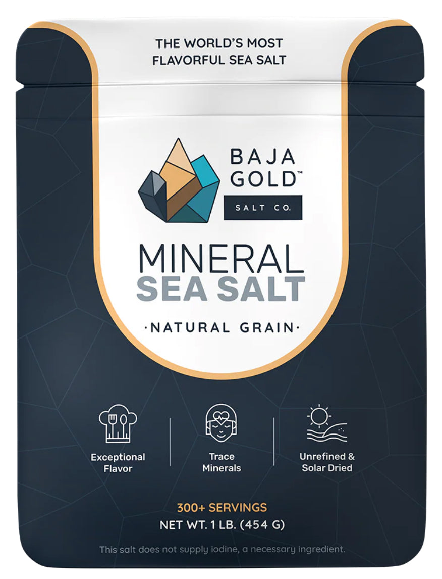 Baja Gold Mineral Sea Salt packaging with branding and product details.