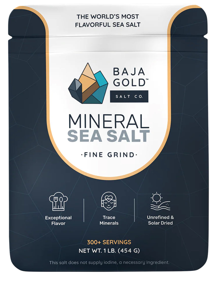 Baja Gold Mineral Sea Salt packaging with blue and white design