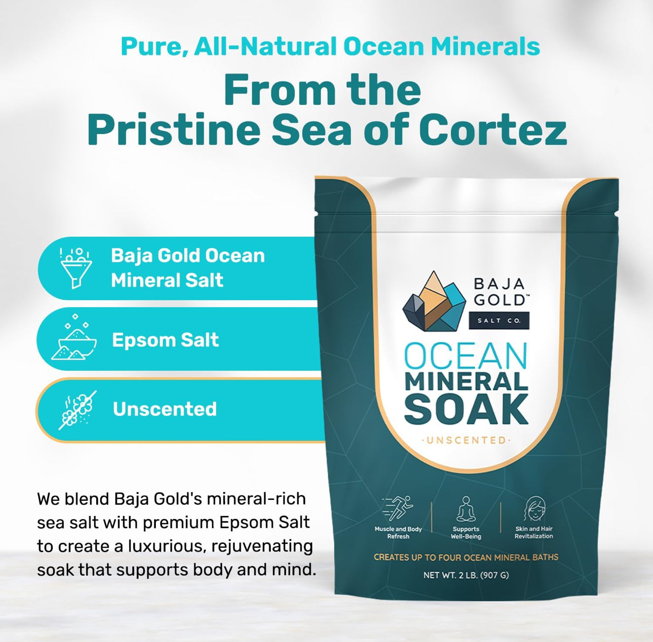 Baja Gold Ocean Mineral Soak packaging with product details on a white background