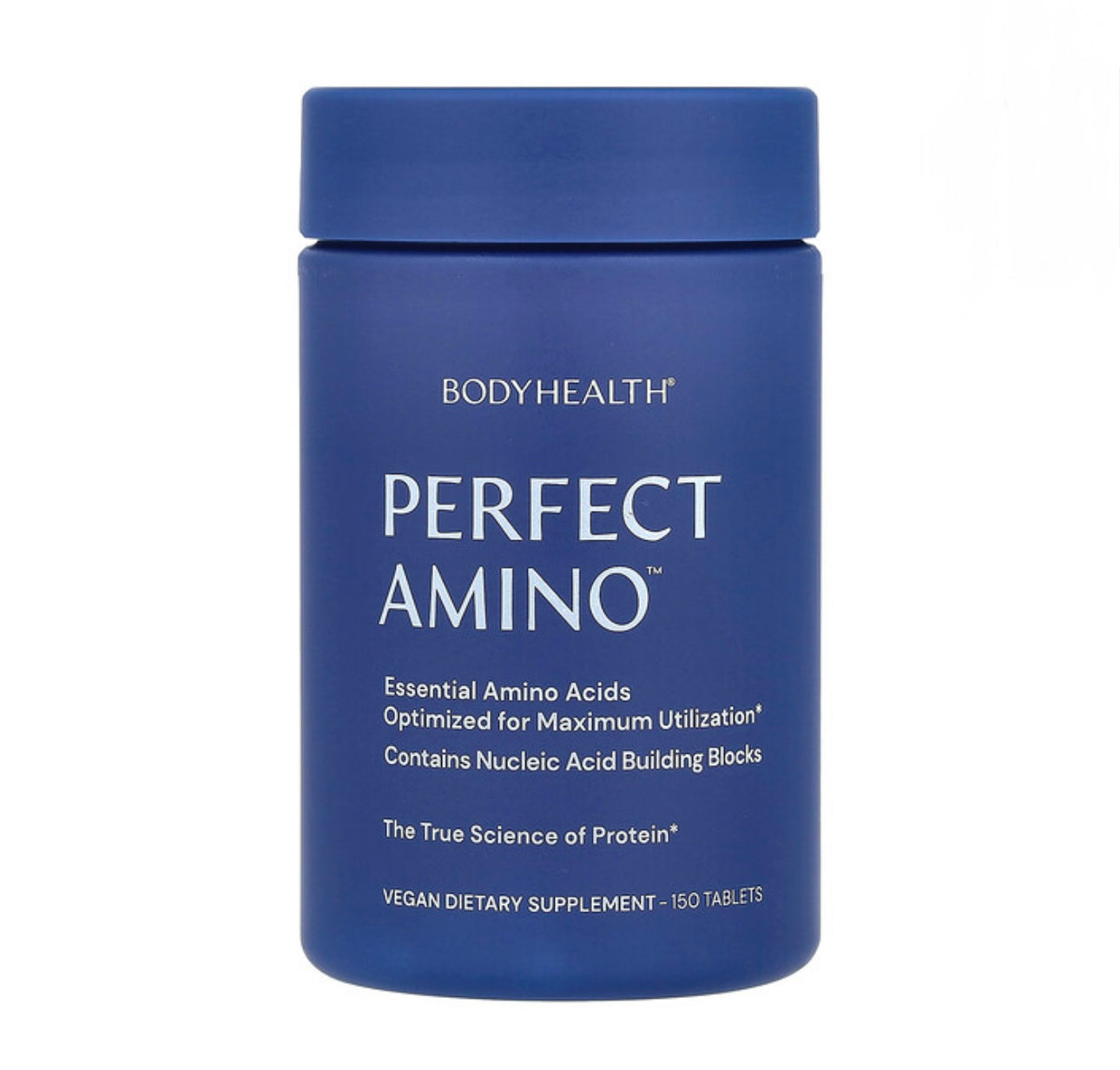 Blue supplement container labeled 'Perfect Amino' by BODYHEALTH on a white background