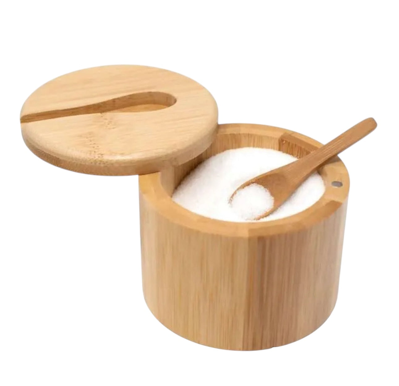 Wooden sugar container with a spoon on a white background