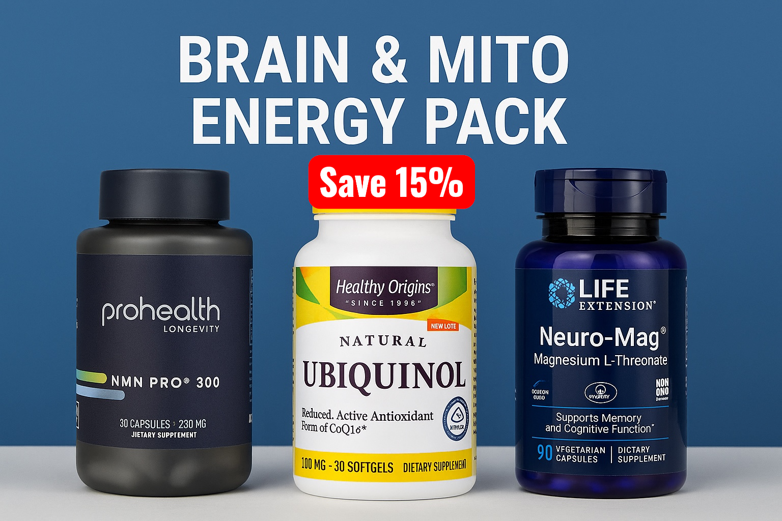 Three supplement bottles with promotional text on a blue background