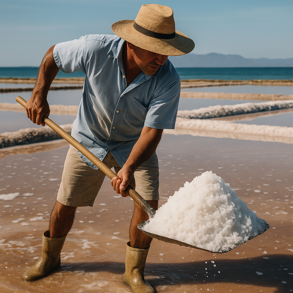 Worker with a spade of Baja Gold salt
