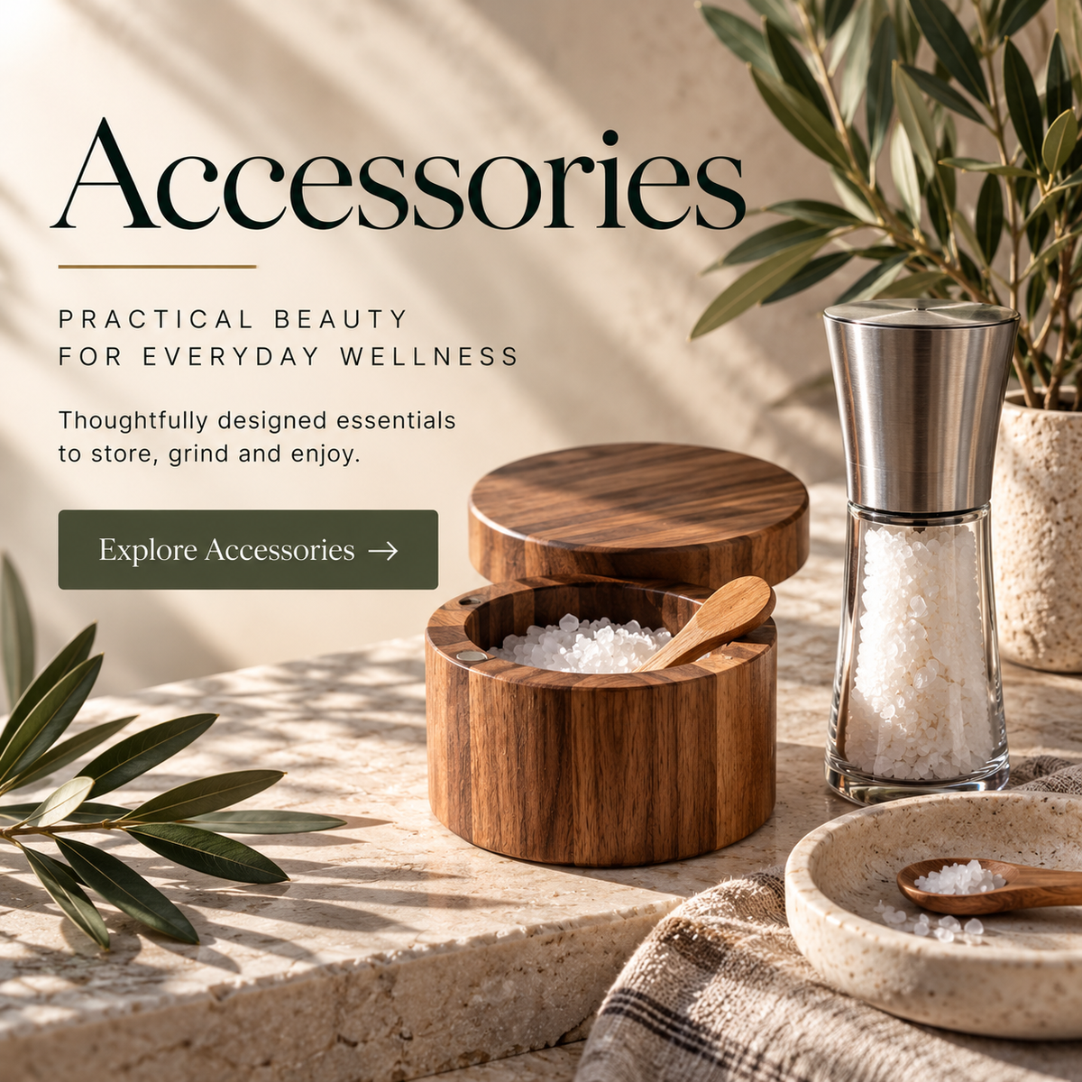 Beige background with 'Accessories' text and 'Shop Now' button.