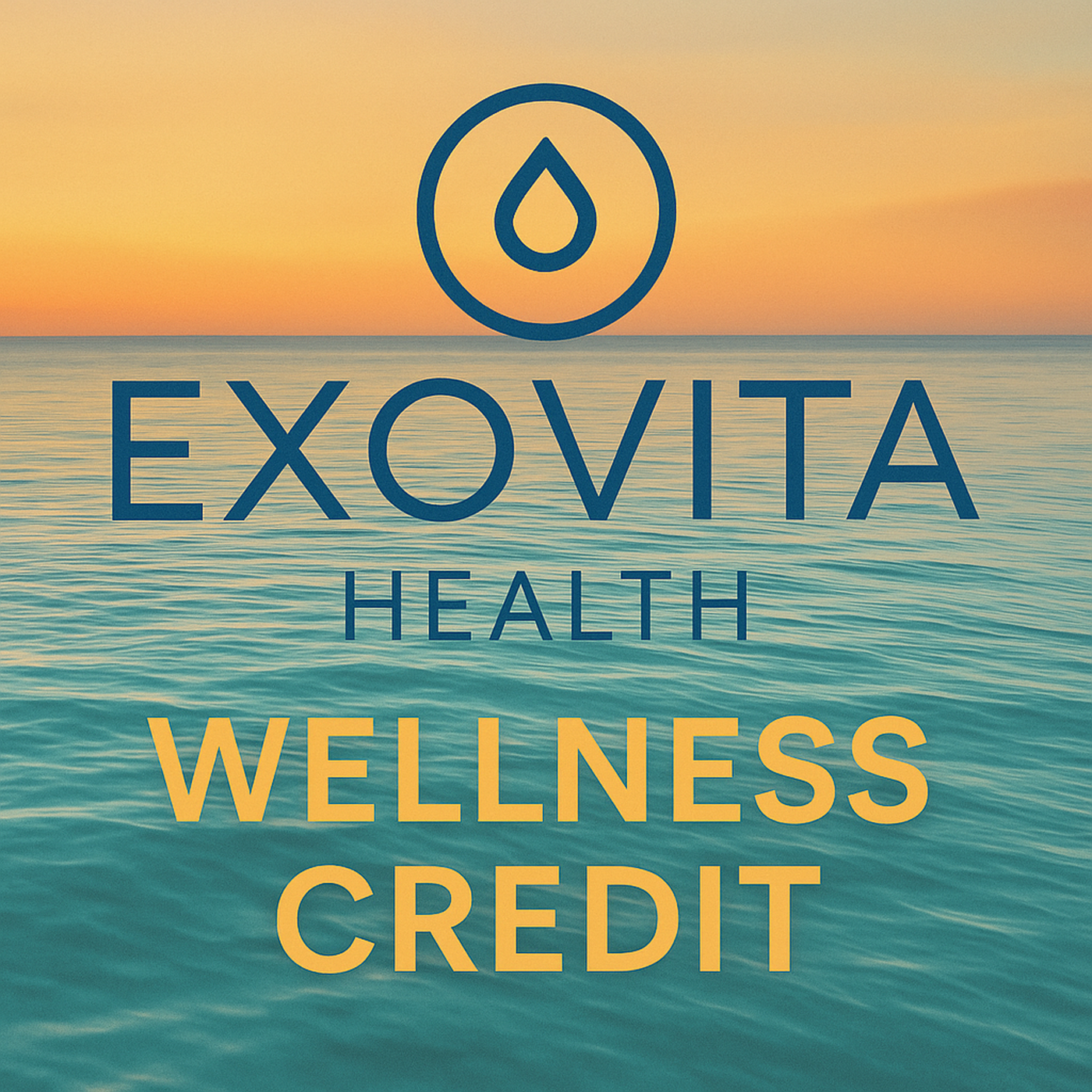 Exovita Health Wellness Credit logo with a sunset over water background