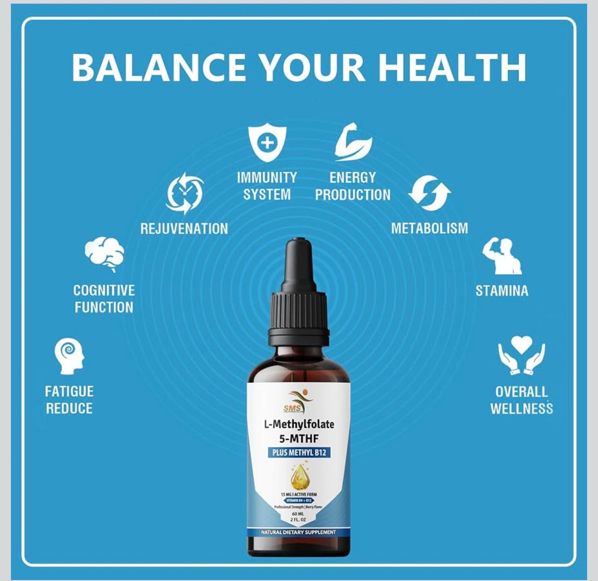 L-Methylfolate 15 mg + Methyl B12 Liquid Drops | 5-MTHF | 60 mL