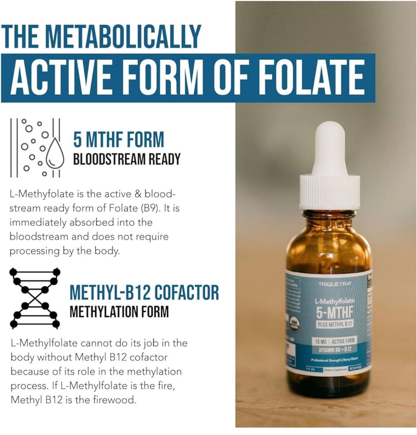 Bottle of L-Methylfolate with text about its metabolically active form on a wooden surface.