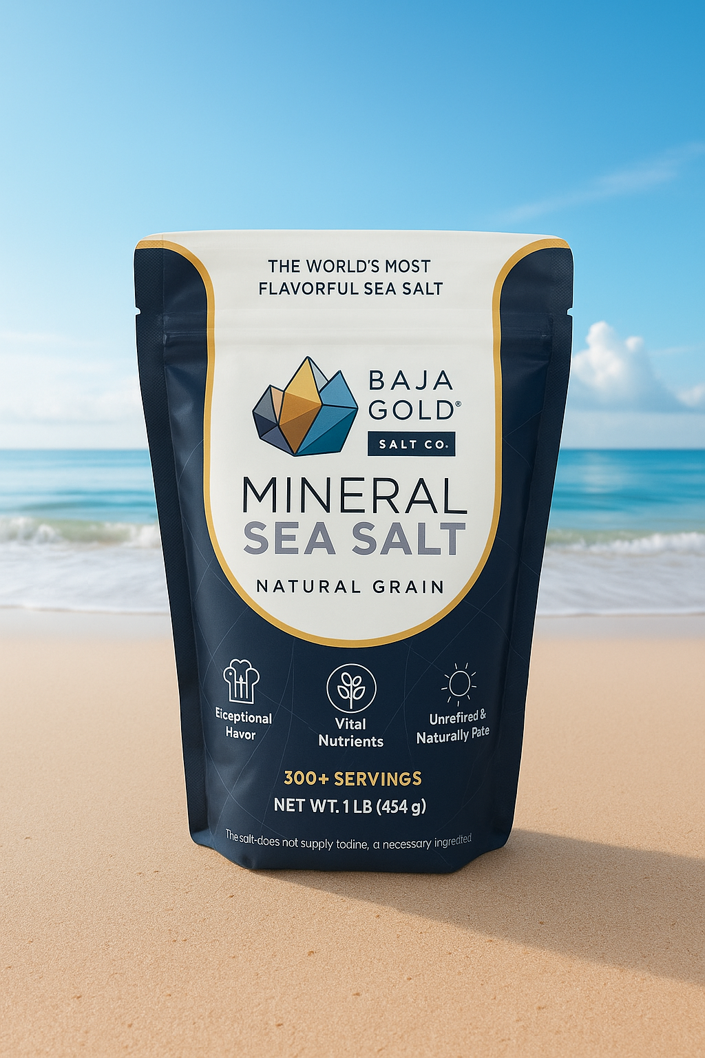 Baja Gold Mineral Sea Salt package on a beach with ocean view