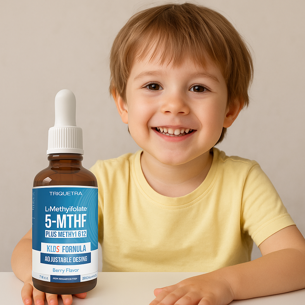 Child holding a bottle of Triquetra Methylfolate supplement with a plain background