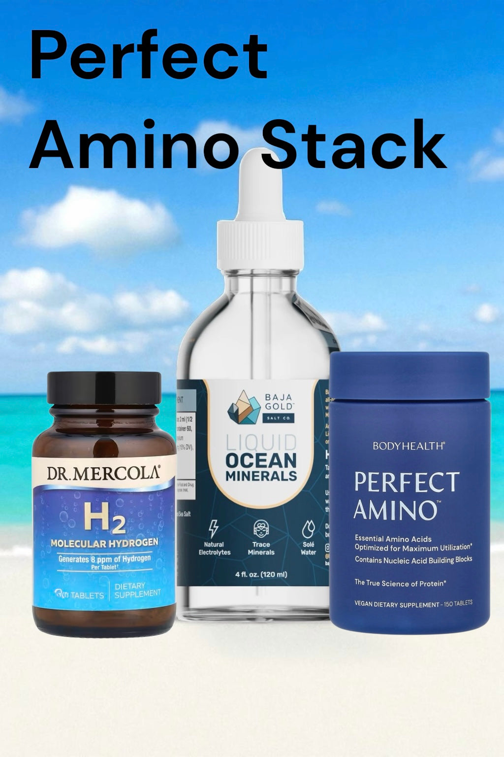 Three supplement bottles with a blue sky and ocean background, labeled 'Perfect Amino Stack'.