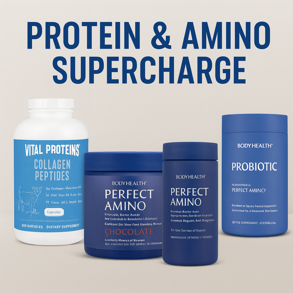 Supplement products including 'Vital Proteins', 'Body Health', and 'Probiotic' on a beige background with text 'PROTEIN & AMINO SUPERCHARGE'.