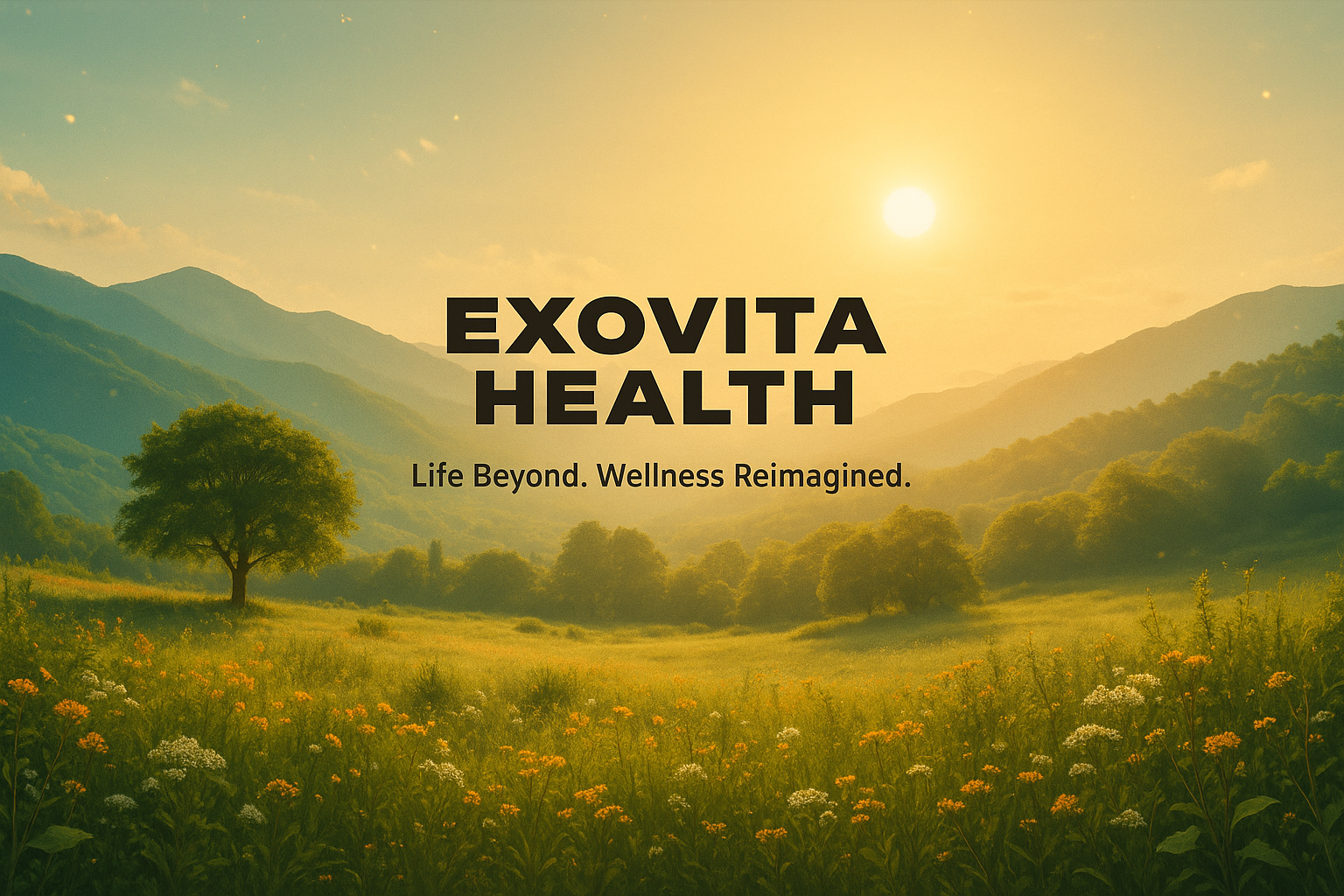 
“Golden sunrise over an ocean-inspired landscape symbolizing renewal, nature, and science — ExoVita Health.”