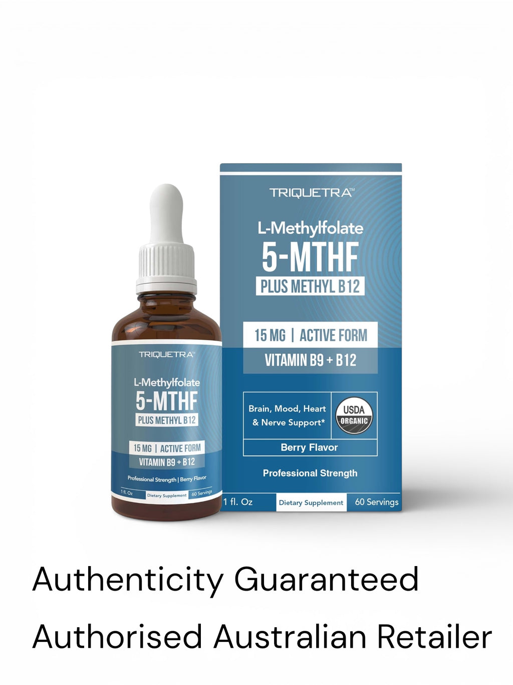 TriQueta L-Methylfolate 5-MTHF plus Methyl B12 supplement bottle and packaging on a white background.