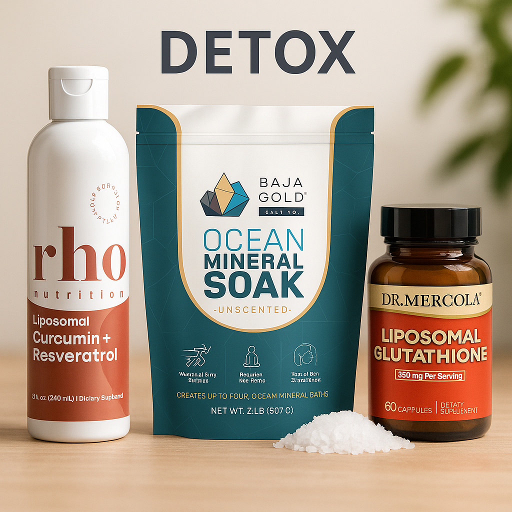 Three detox products including a bottle, a bag, and a supplement on a wooden surface with a neutral background.