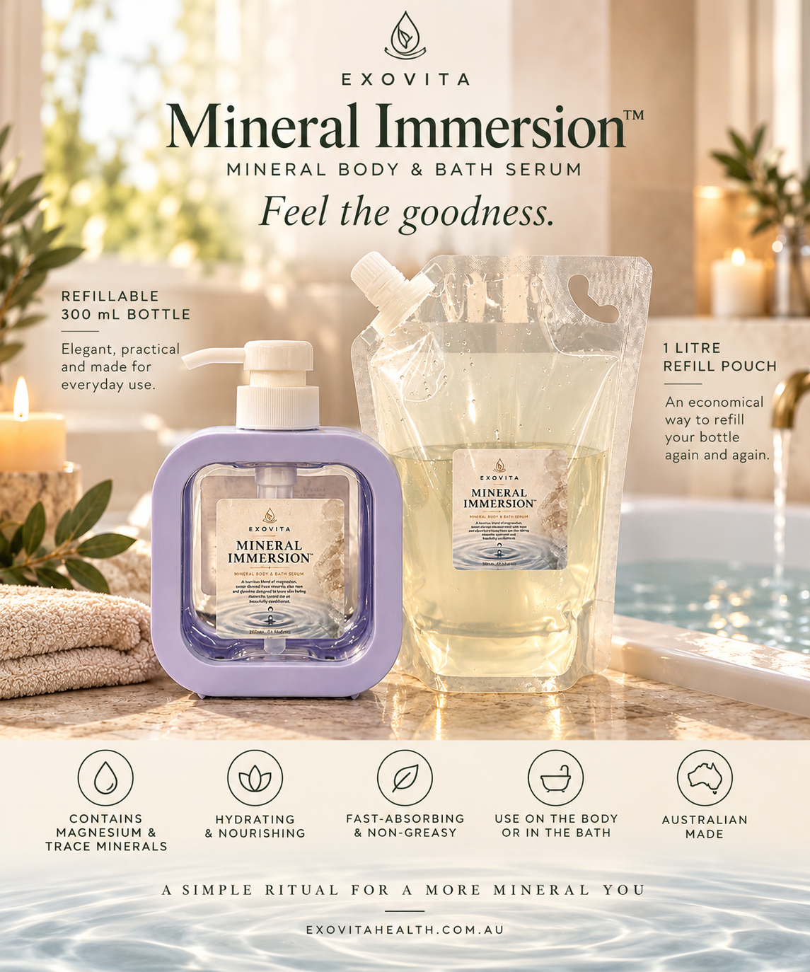 Exovita Mineral Immersion body and bath serum set, featuring a lavender hand cream bottle and a 1 litre refill pouch, displayed on a marble countertop with a glass of water and spa elements in the background.