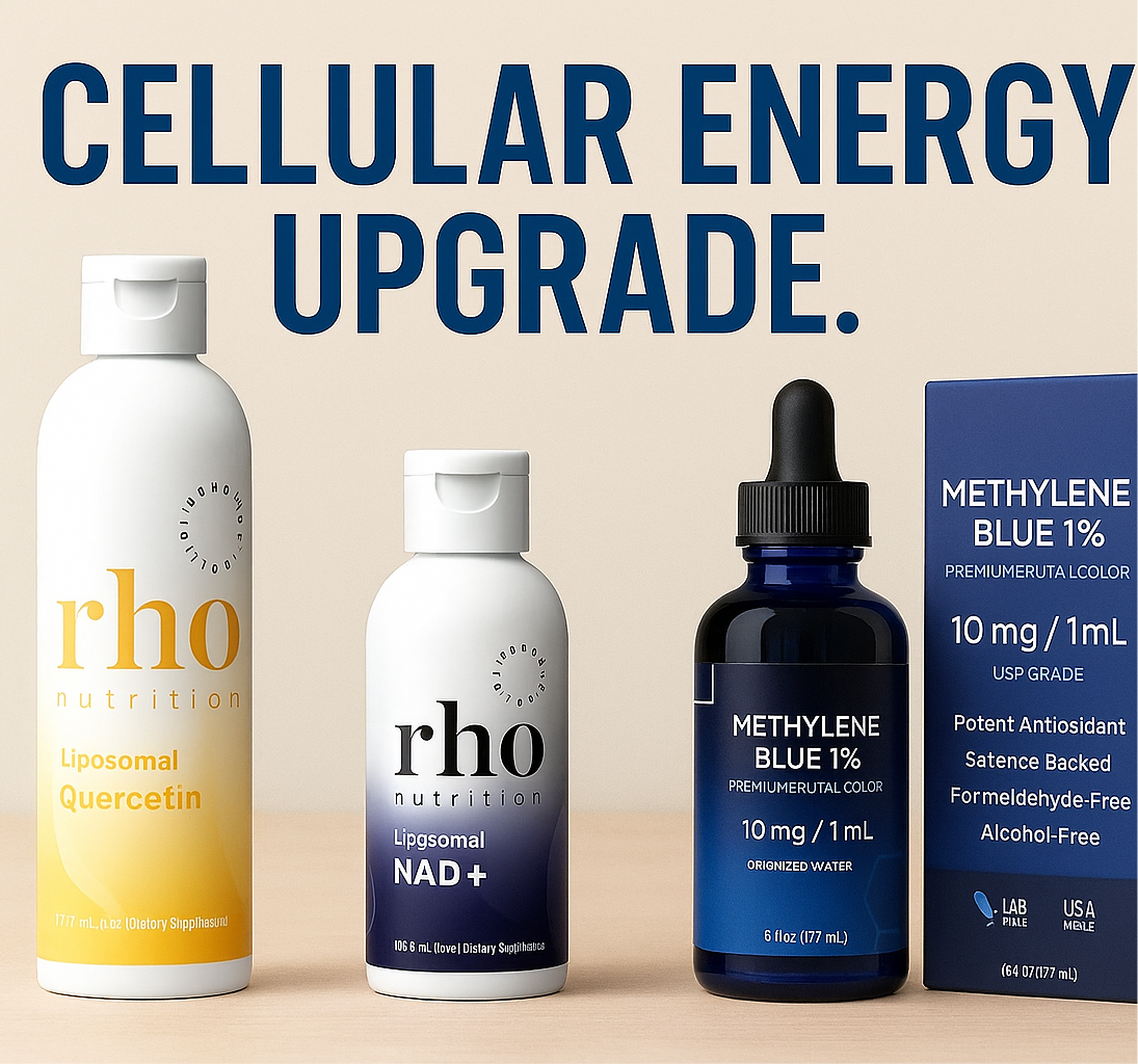 Three health supplement bottles with labels on a beige background, featuring the text 'Cellular Energy Upgrade'.