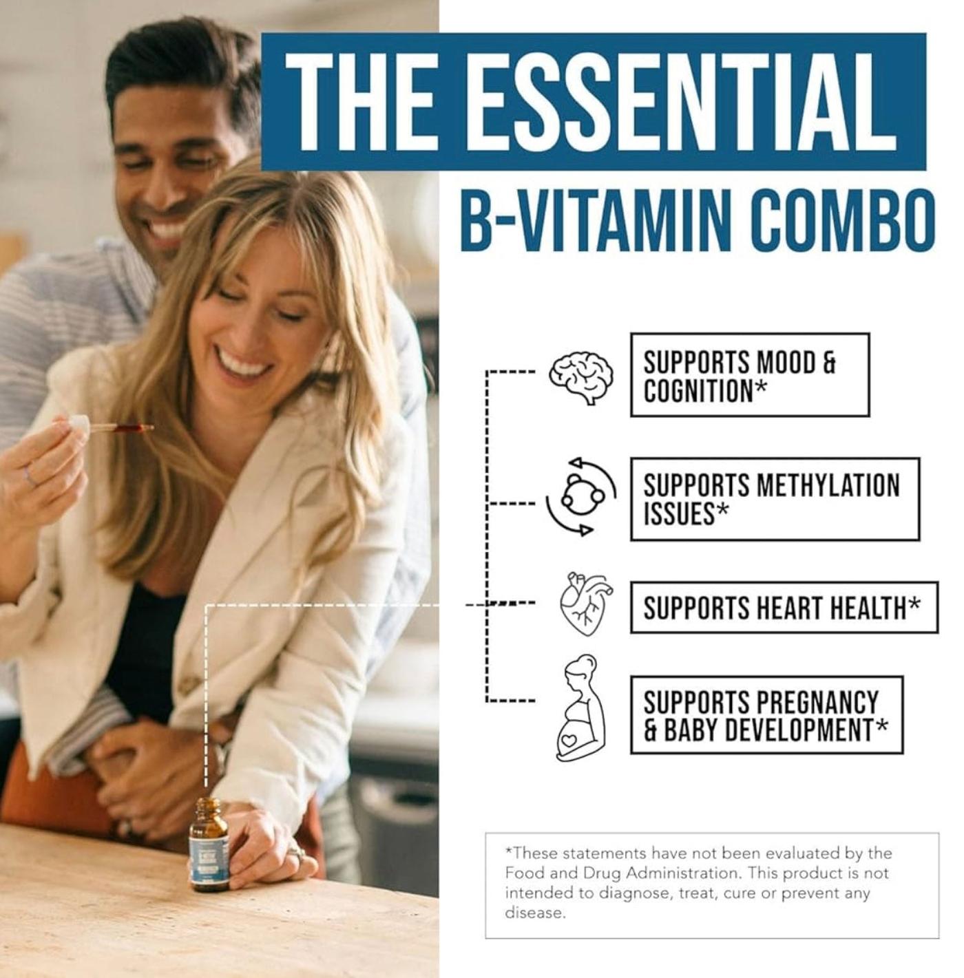Advertisement for B-vitamin supplement with a couple and text about benefits on a wooden surface.