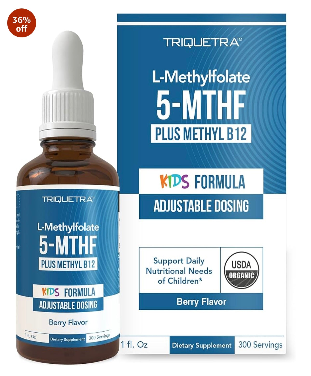 Triquetra L-Methylfolate 5-MTHF plus Methyl B12 dietary supplement bottle and packaging.