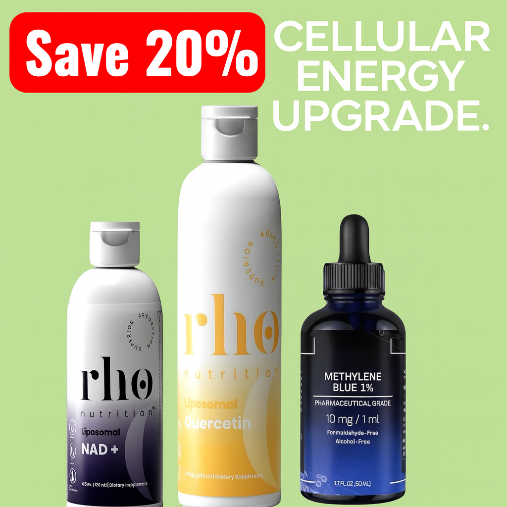 Three bottles with labels on a green background, featuring a promotional message for a 'Cellular Energy Upgrade' with a discount.