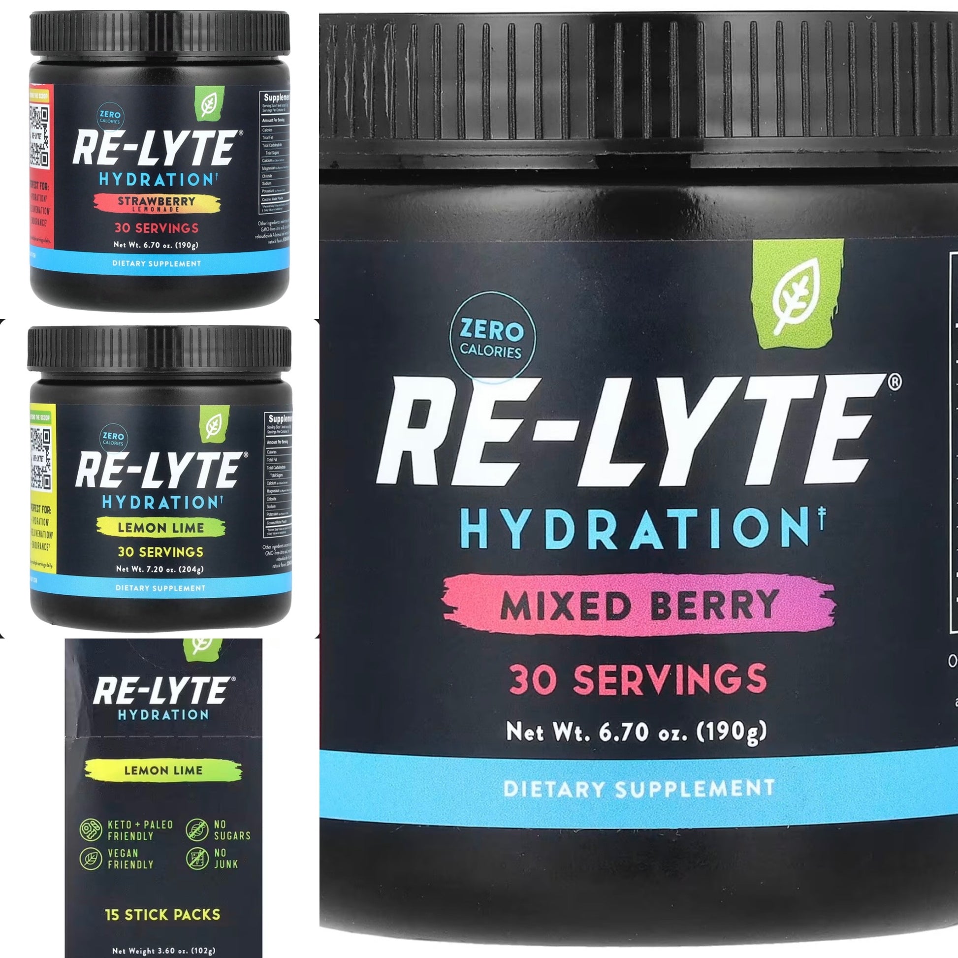 Two containers of Re-Lyte Hydration powder, one in mixed berry flavor and one in lemon lime flavor, on a white background.