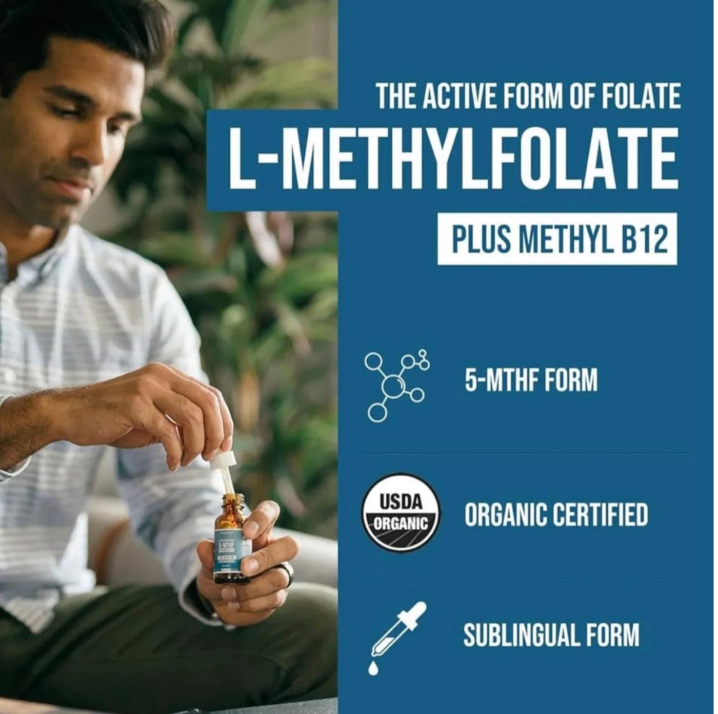 Person holding a bottle of L-Methylfolate supplement with product details on a blue background