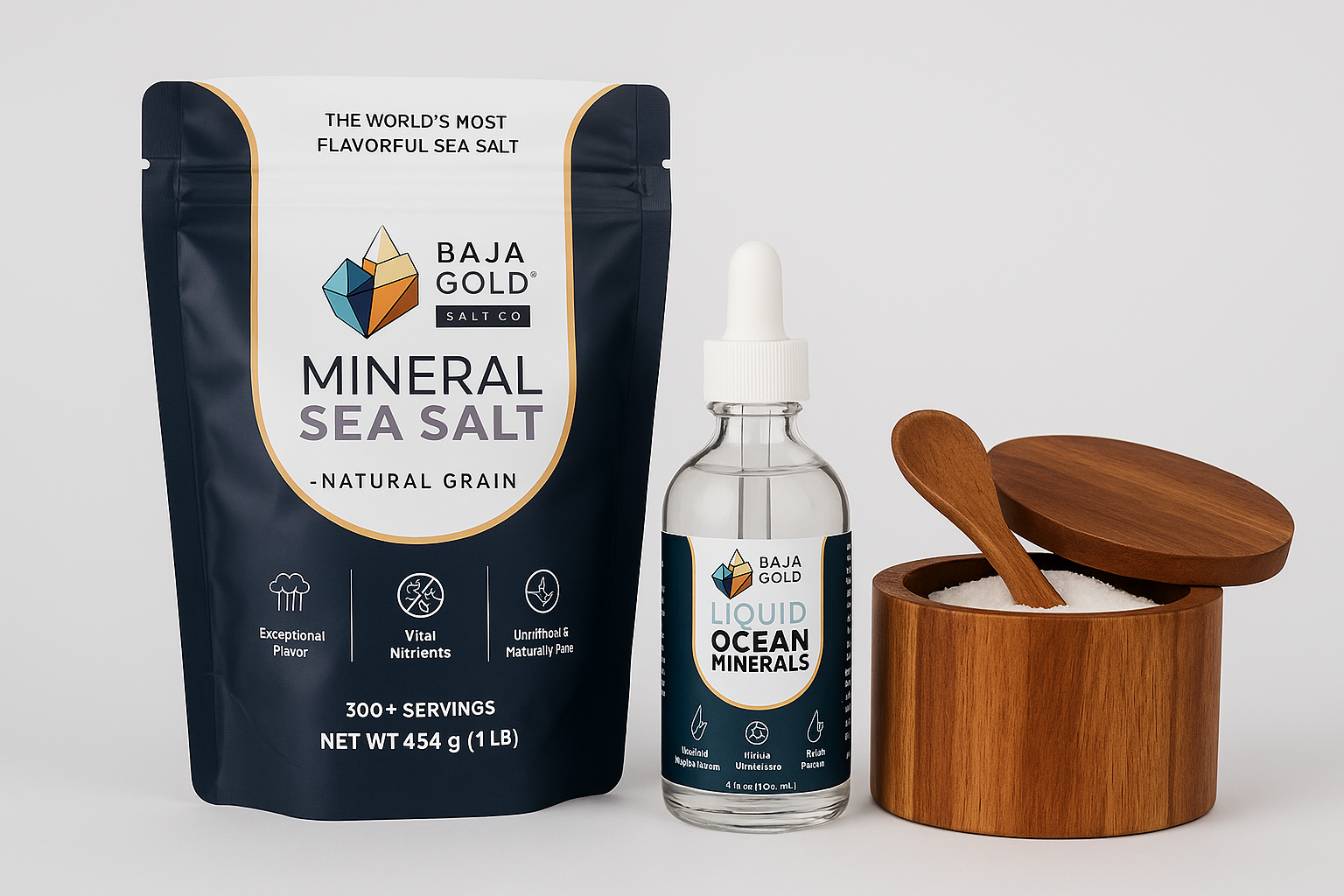 Baja Gold mineral sea salt packaging, liquid ocean minerals bottle, and wooden container with a wooden spoon on a white background.