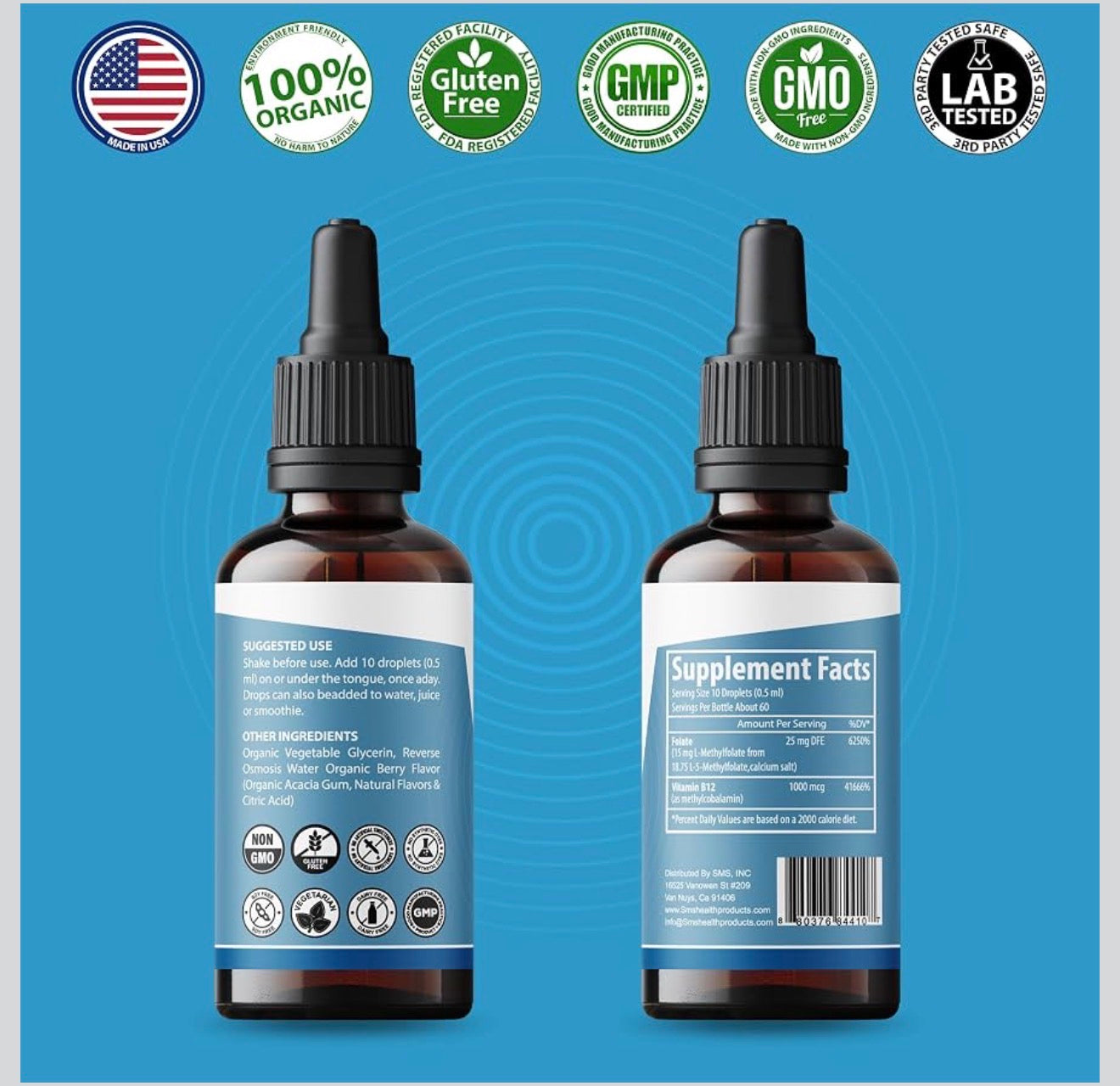 L-Methylfolate 15 mg + Methyl B12 Liquid Drops | 5-MTHF | 60 mL