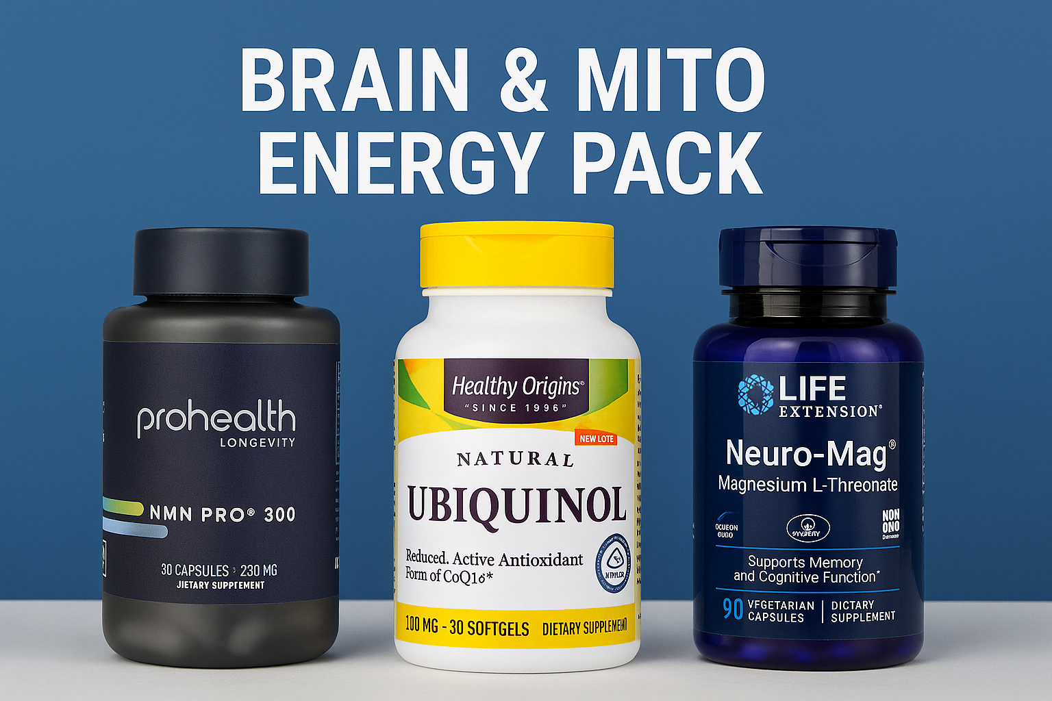 Three supplement bottles labeled 'prohealth', 'Healthy Origins', and 'LIFE Extension' on a blue background with text 'BRAIN & MITO ENERGY PACK'.