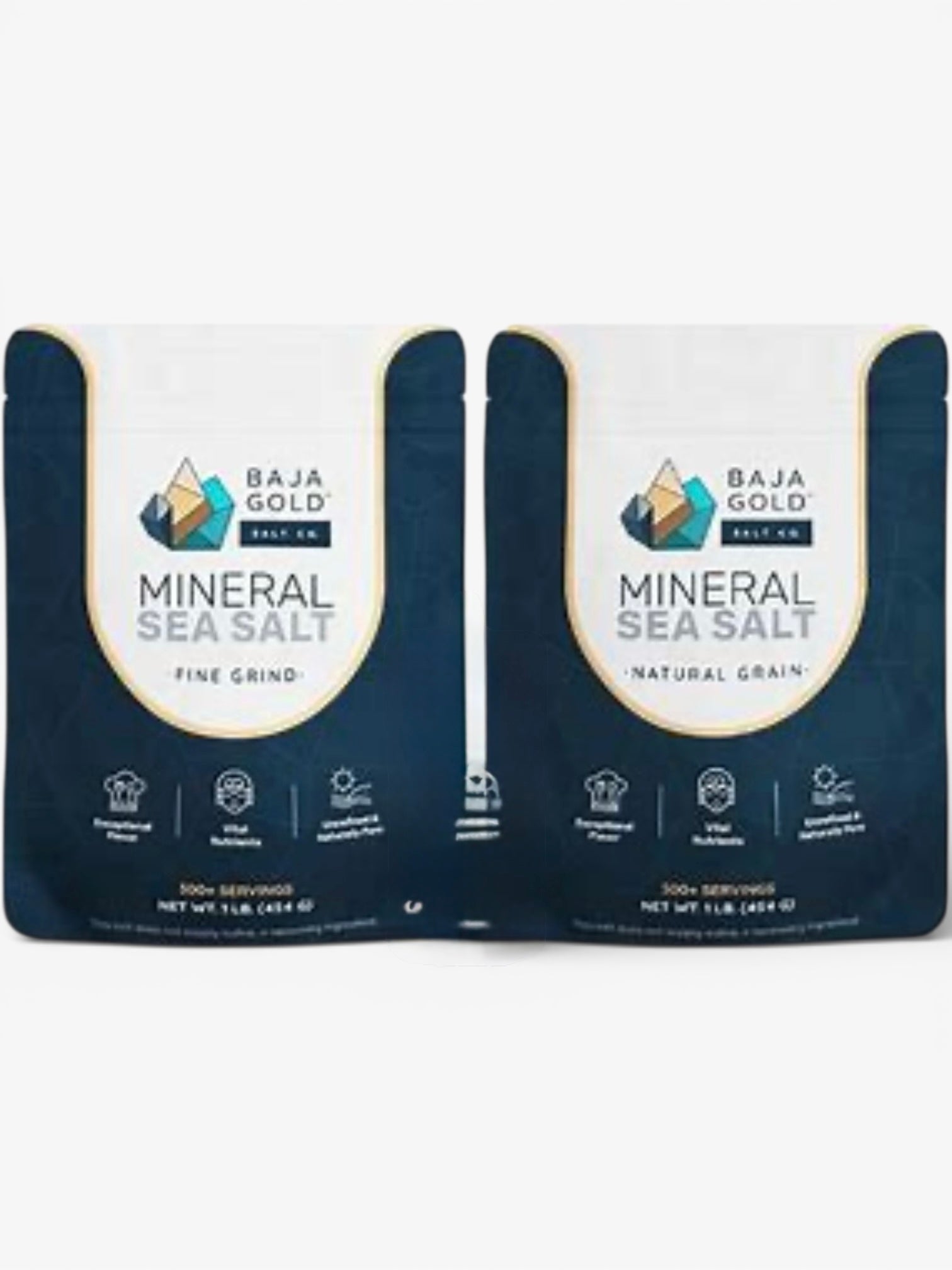 Two stand-up pouches of Baja Gold Mineral Sea Salt Fine Grind displayed side by side on a plain white background.