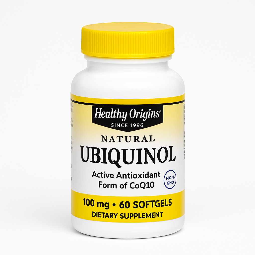 Supplement bottle labeled 'Healthy Origins Natural Ubiquinol' on a white background