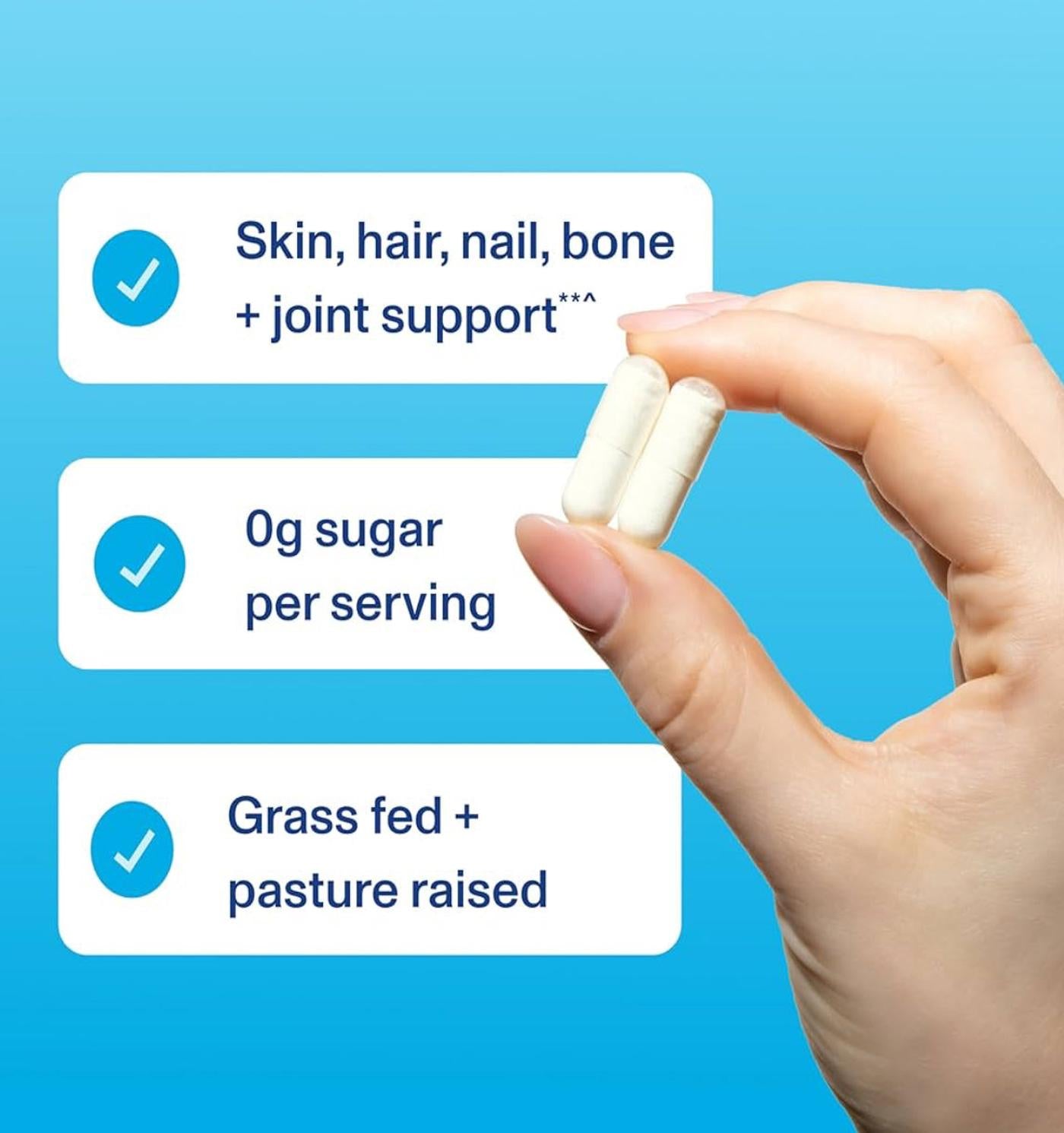 Hand holding two capsules with text on a blue background