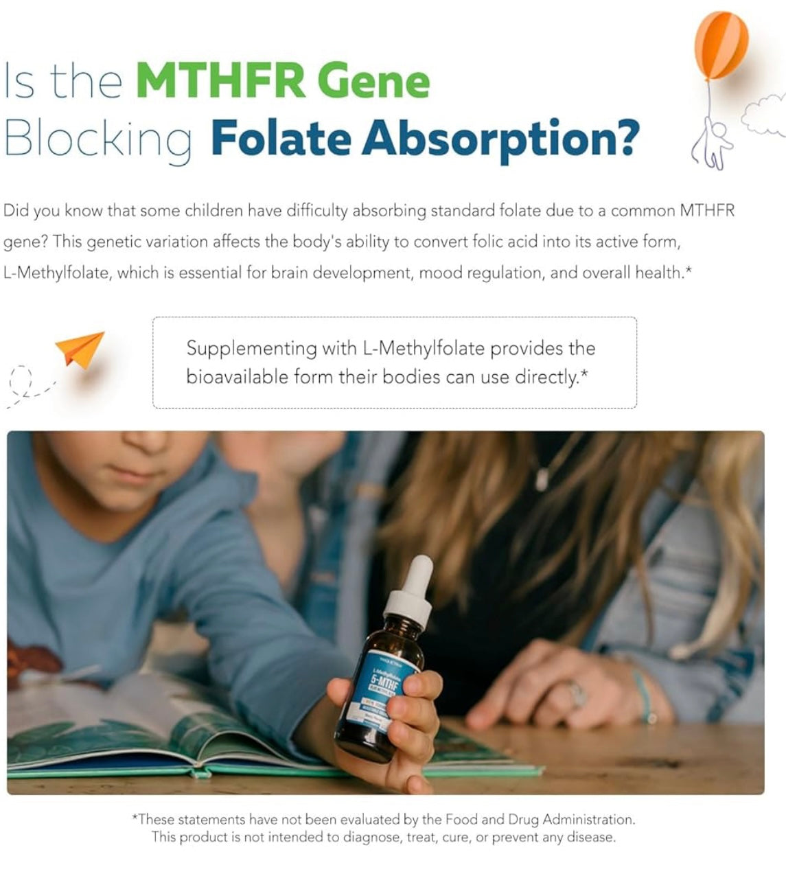 Advertisement about MTHFR gene and folate absorption with a child holding a bottle.