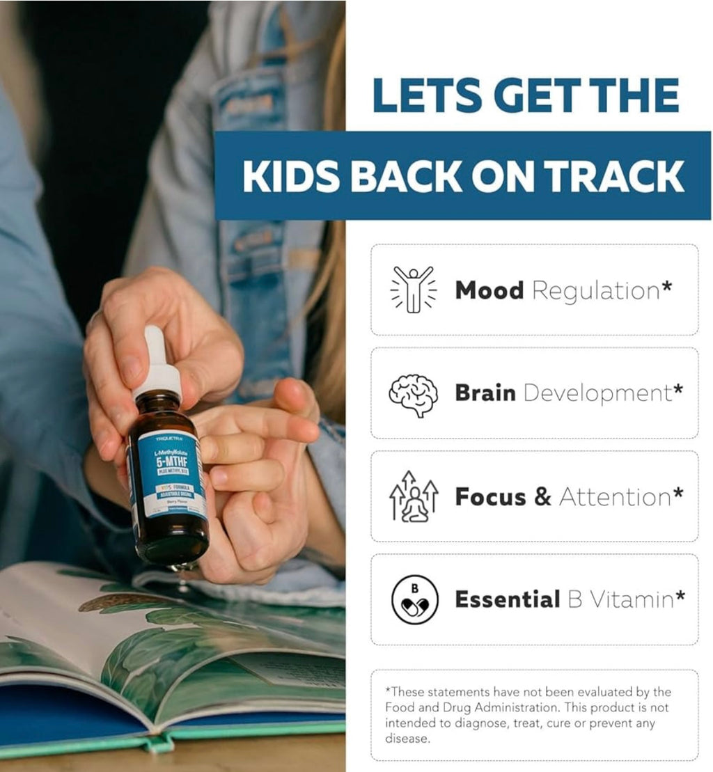 Hand holding a bottle with text about getting kids back on track with product benefits.
