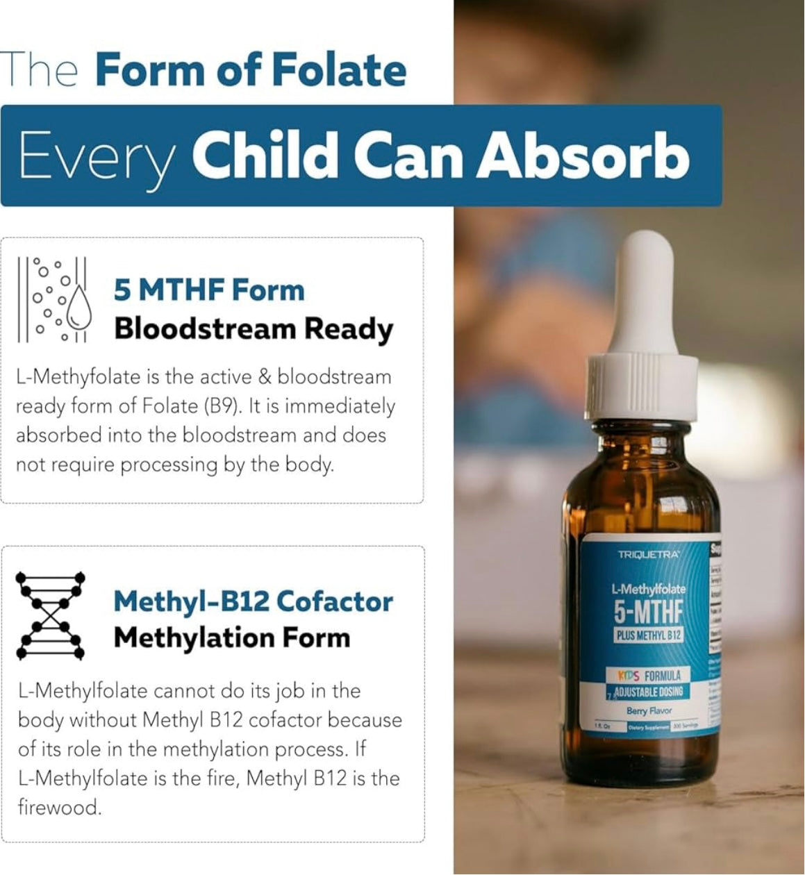 Bottle of TriJecta 5-MTHF Plus Methyl B12 with educational text about folate forms on a blurred background.