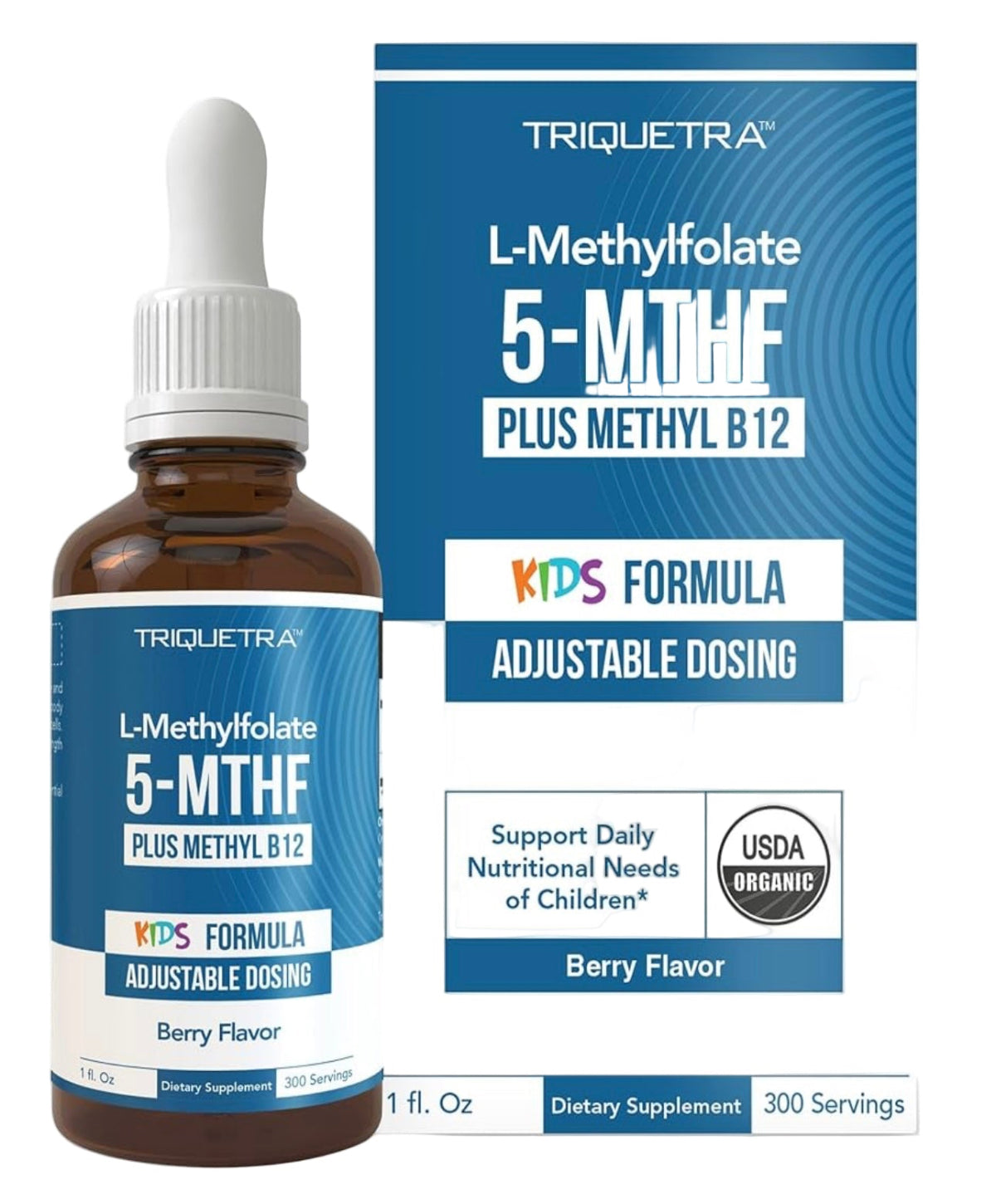 Triquetra L-Methylfolate 5-MTHF plus Methyl B12 dietary supplement bottle and packaging.