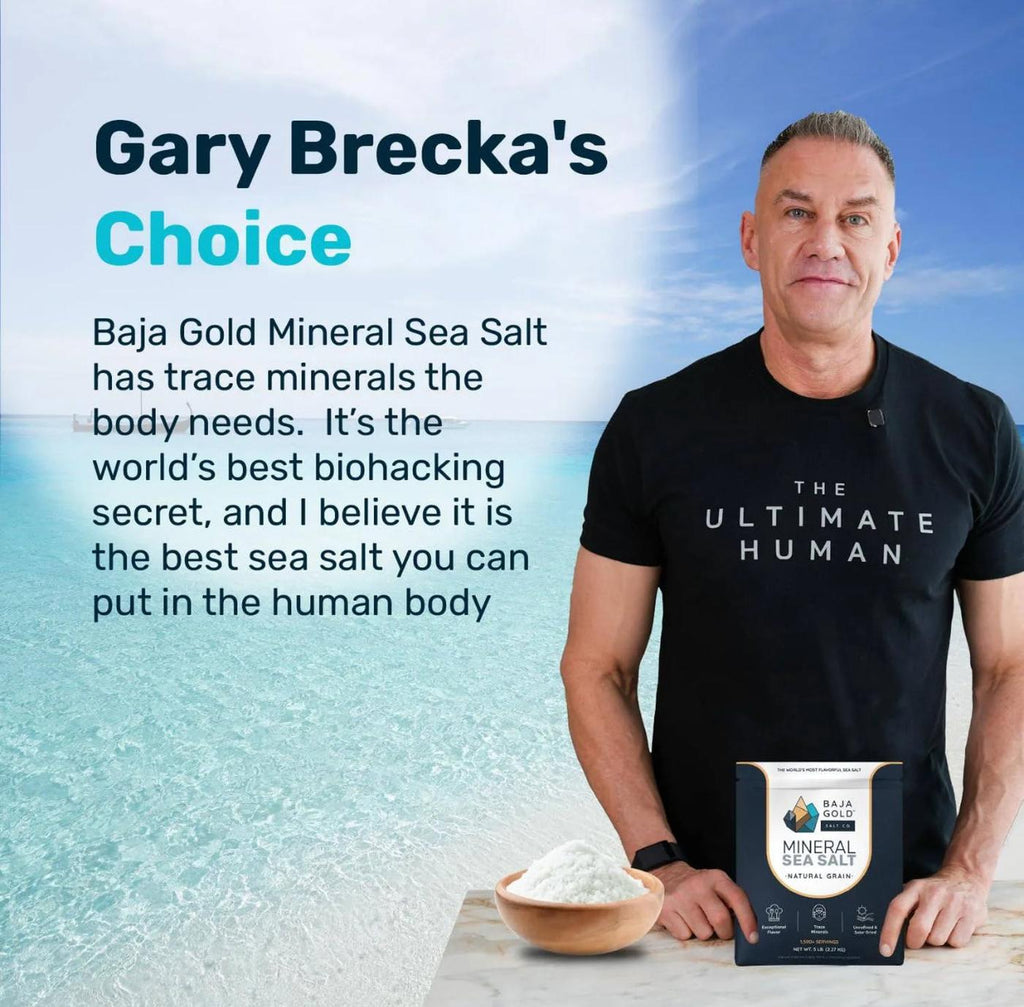Gary Brecka standing next to a bowl of Baja Gold Mineral Sea Salt with promotional text about the product.