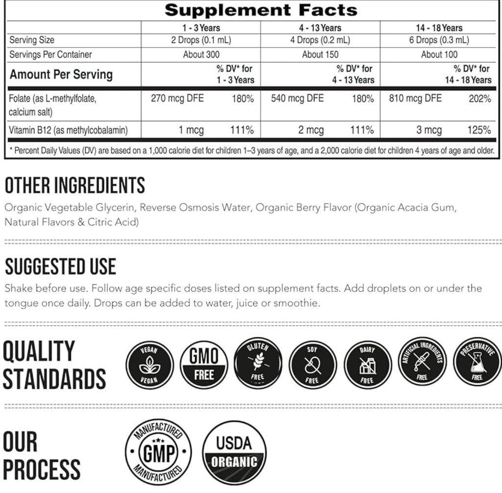 Triquetra Kids L-Methylfolate 5-MTHF + Methyl B12 - 300 Servings– Berry Flavour | Adjustable Dosing | Organic Certified