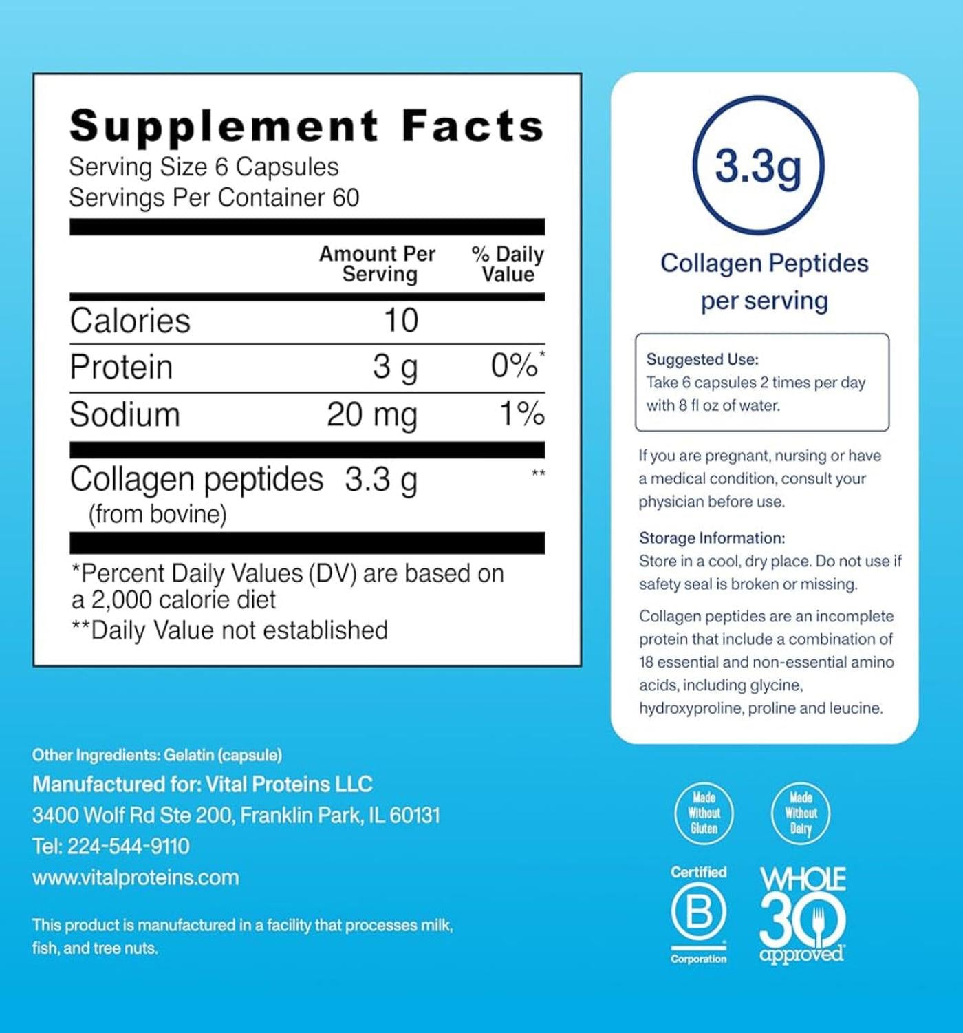 Supplement facts label for collagen peptides on a blue background
