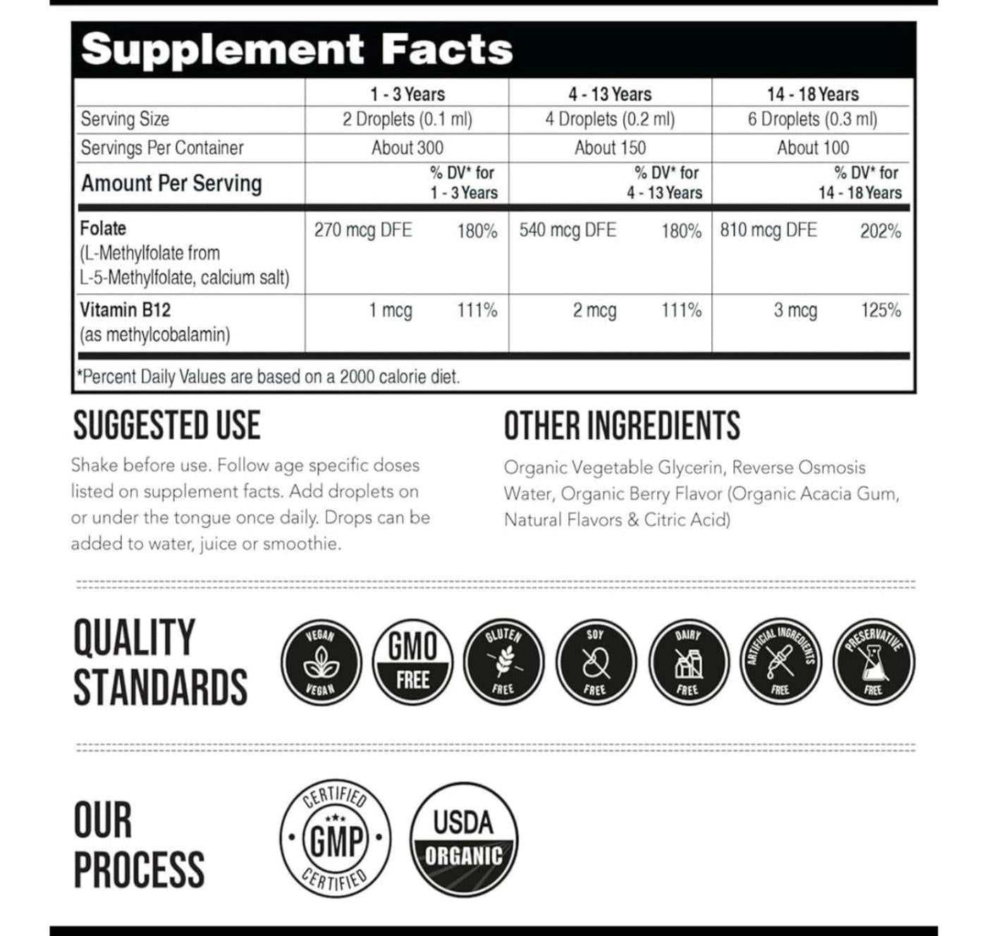 Supplement facts label with serving sizes, nutritional information, and quality standards.