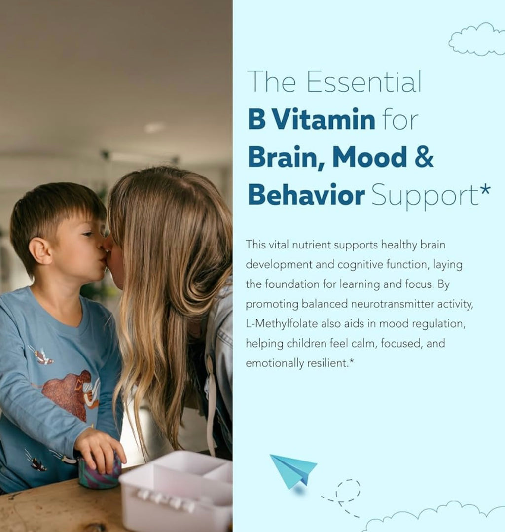 Woman and child at a table with text about B vitamins on the right side.