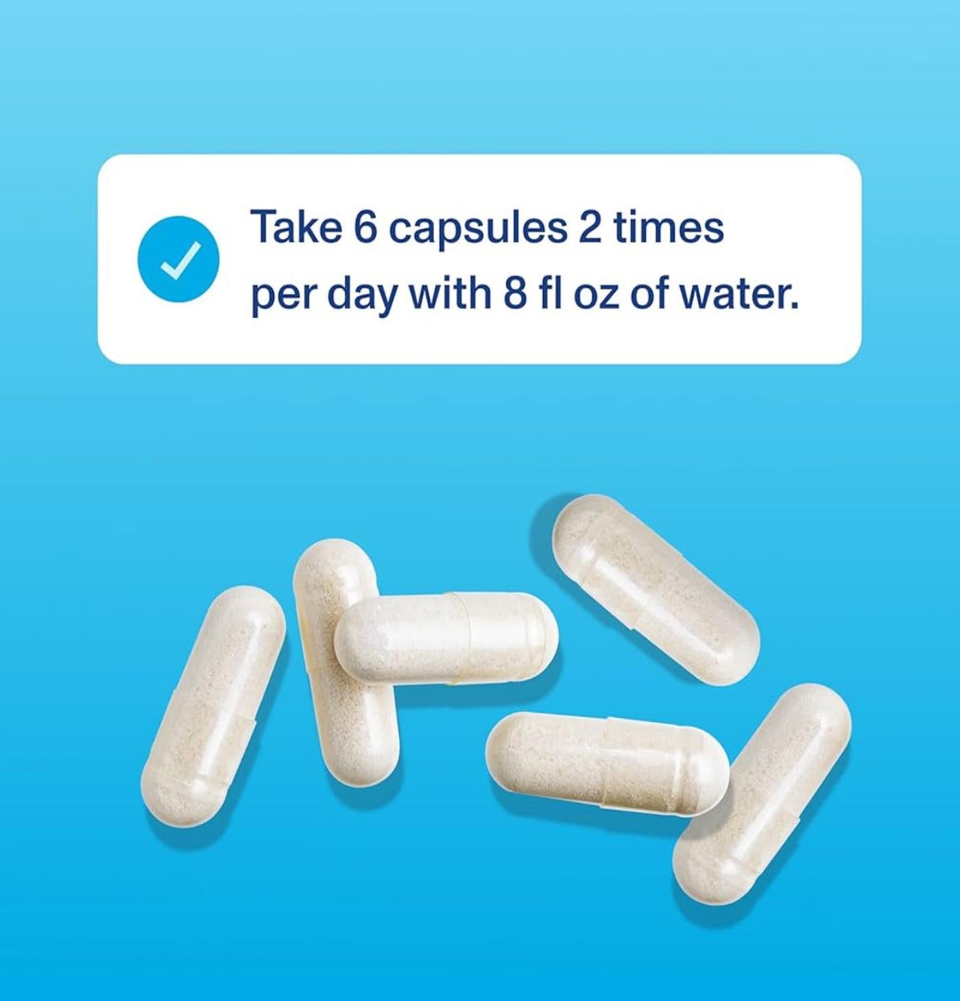Capsules with daily intake instructions on a blue background