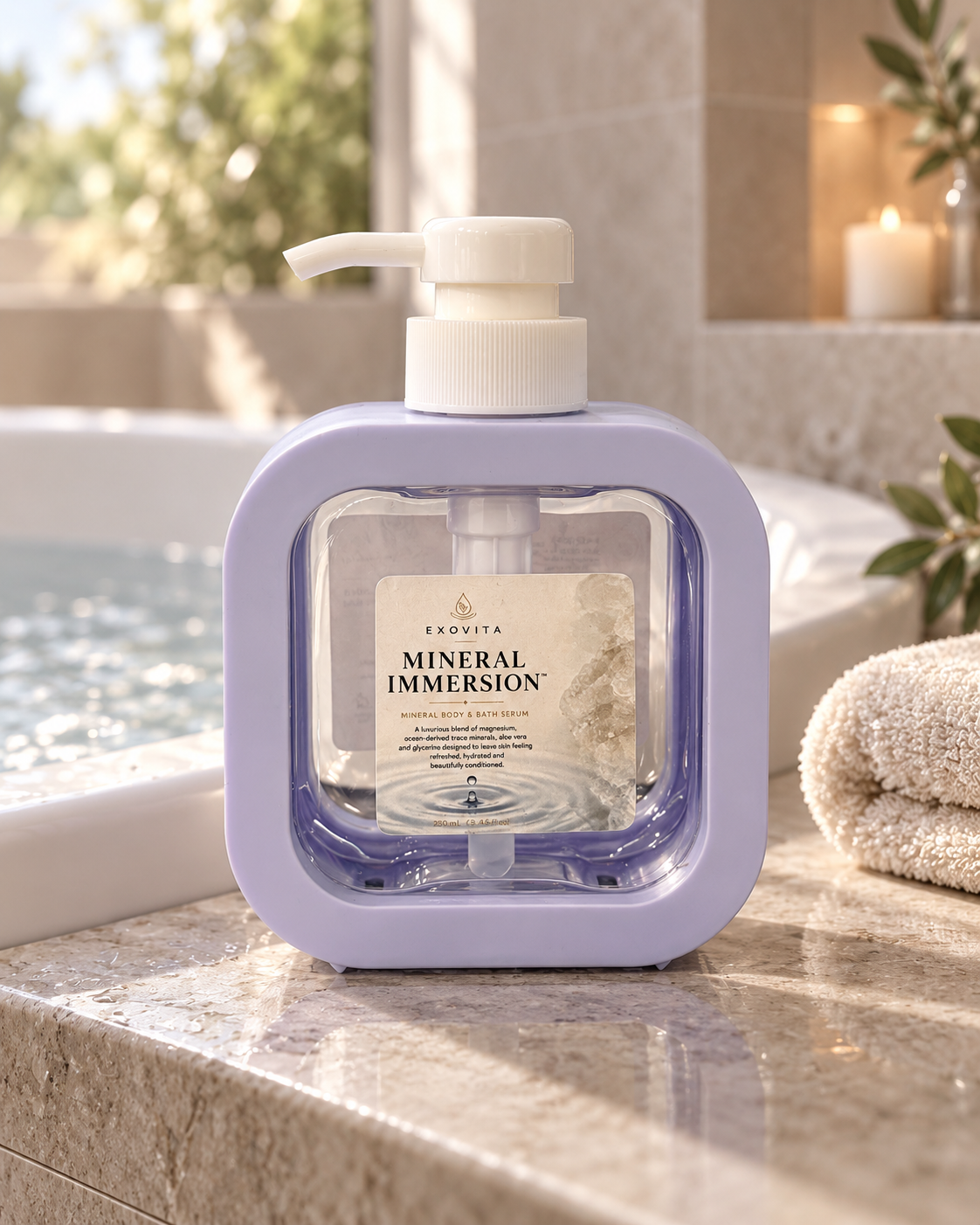 A lavender and clear ExoVita Mineral Immersion bath bottle with a white pump, set on a marble bathroom counter next to a bathtub and a folded towel.