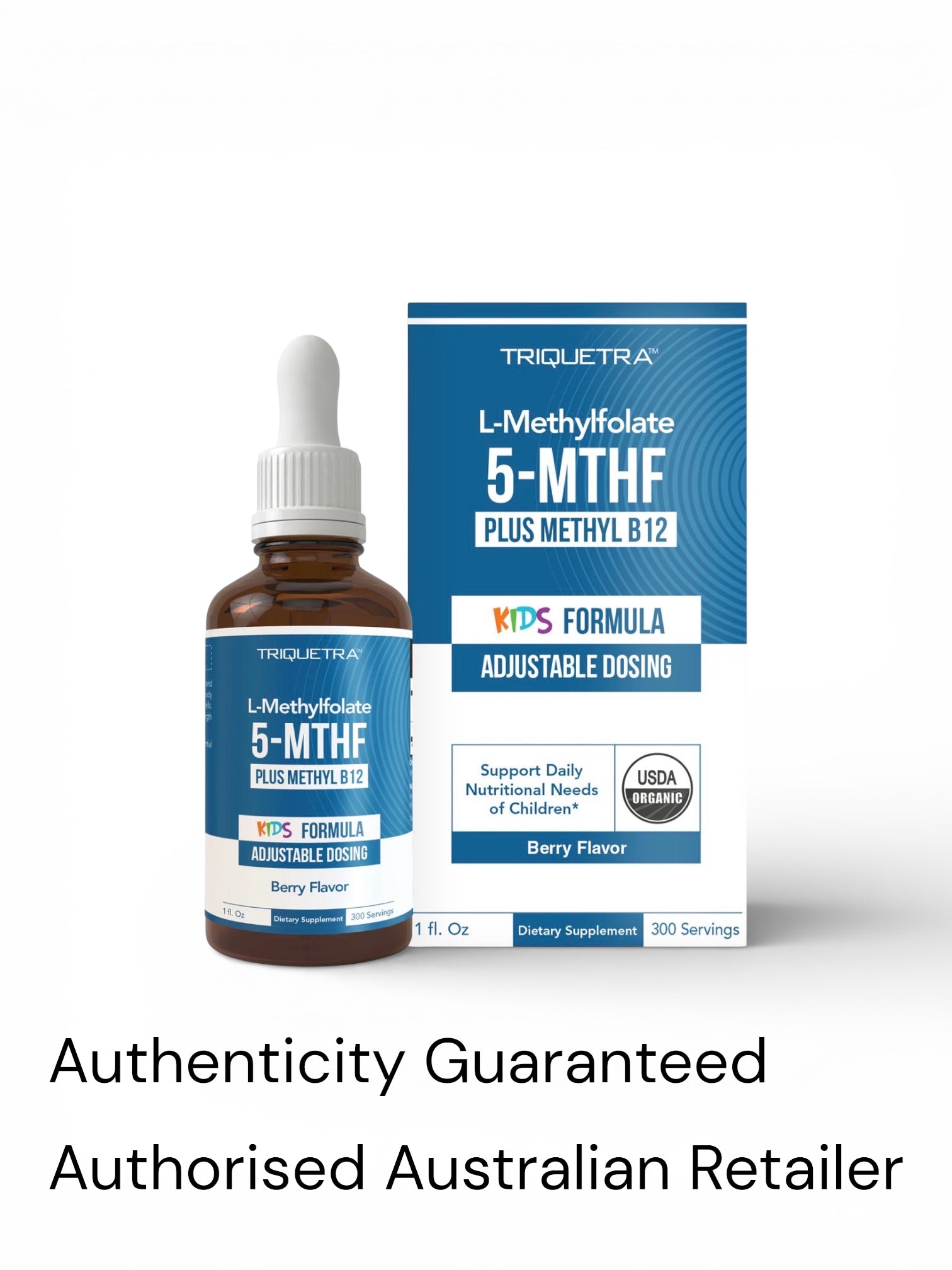 TriequeTra L-Methylfolate 5-MTHF plus Methyl B12 supplement bottle and box on a white background